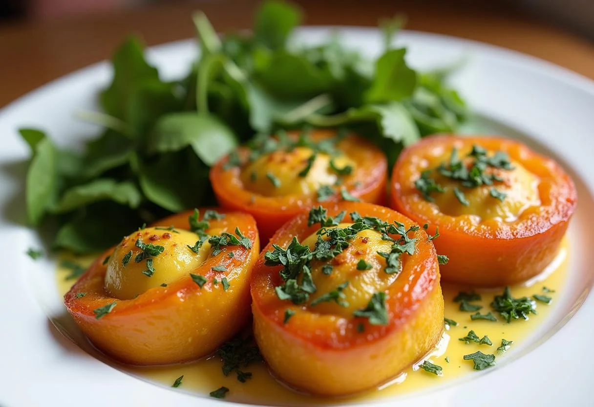 Berenjenas rellenas verduras terminadas y servidas en un plato, perfectas para una comida saludable.