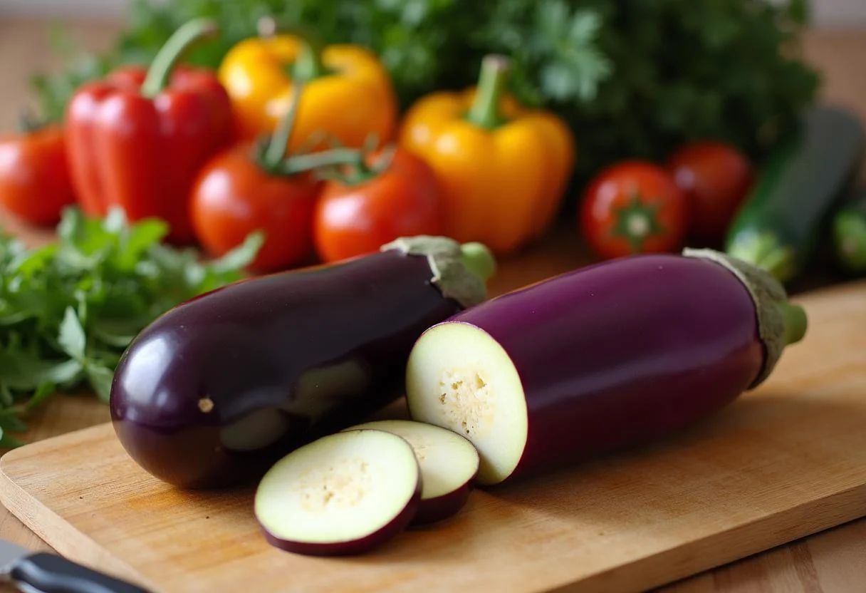 Berenjenas cortadas en una tabla de cortar listas para la preparación de berenjenas rellenas verduras.