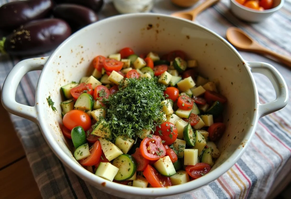 Mezcla de verduras preparándose para rellenar berenjenas rellenas verduras.