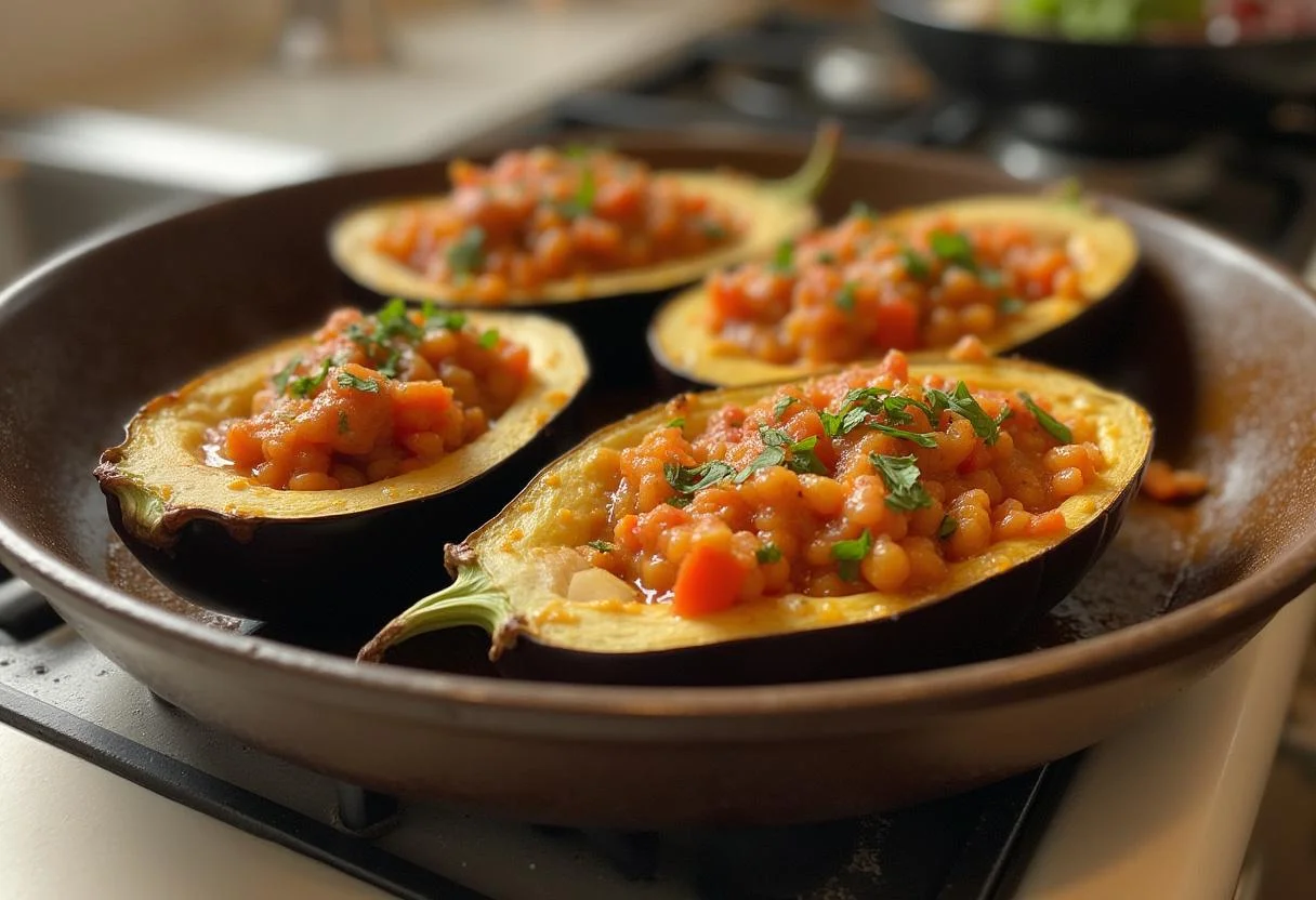 Berenjenas rellenas listas para hornear con relleno de verduras para berenjenas rellenas verduras.