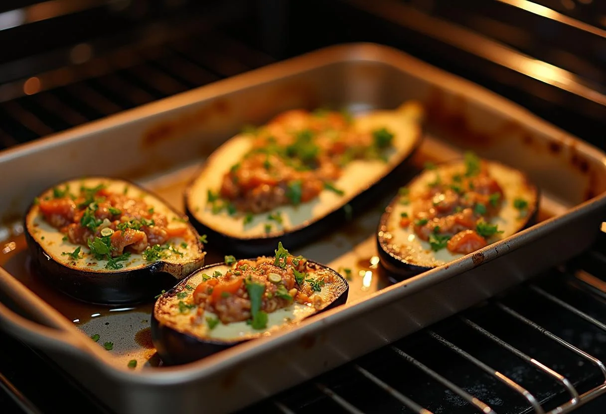 Fuente para hornear con berenjenas rellenas verduras colocándose en el horno para su cocción.