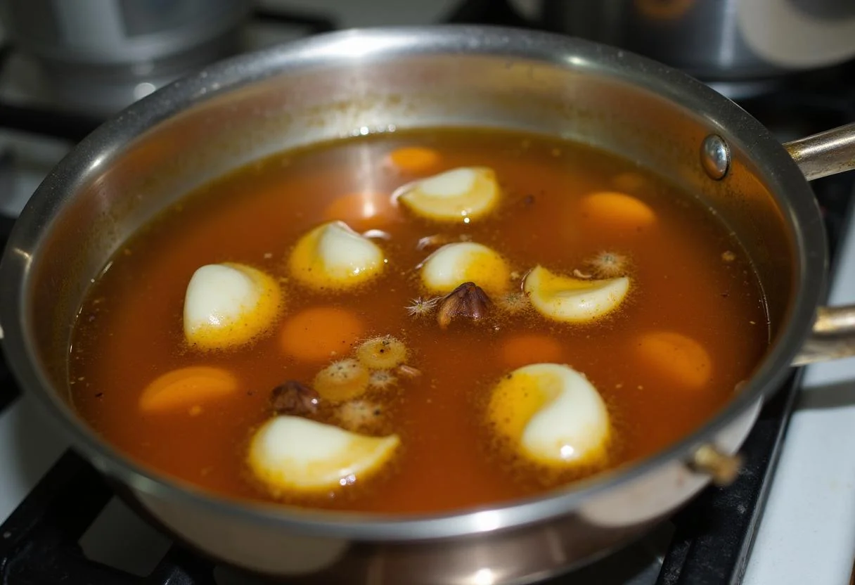 Preparación del adobo de berenjenas de almagro en una olla con especias y vinagre.