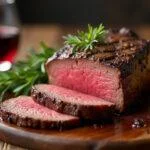 Bistec de ternera jugoso con verduras asadas y vino tinto, listo para disfrutar.