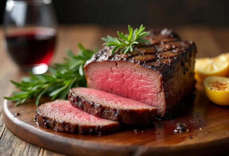 Bistec de ternera jugoso con verduras asadas y vino tinto, listo para disfrutar.
