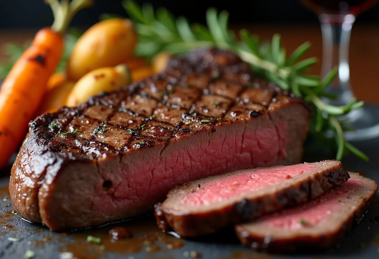 Bistec de ternera jugoso con verduras asadas y vino tinto, listo para disfrutar.