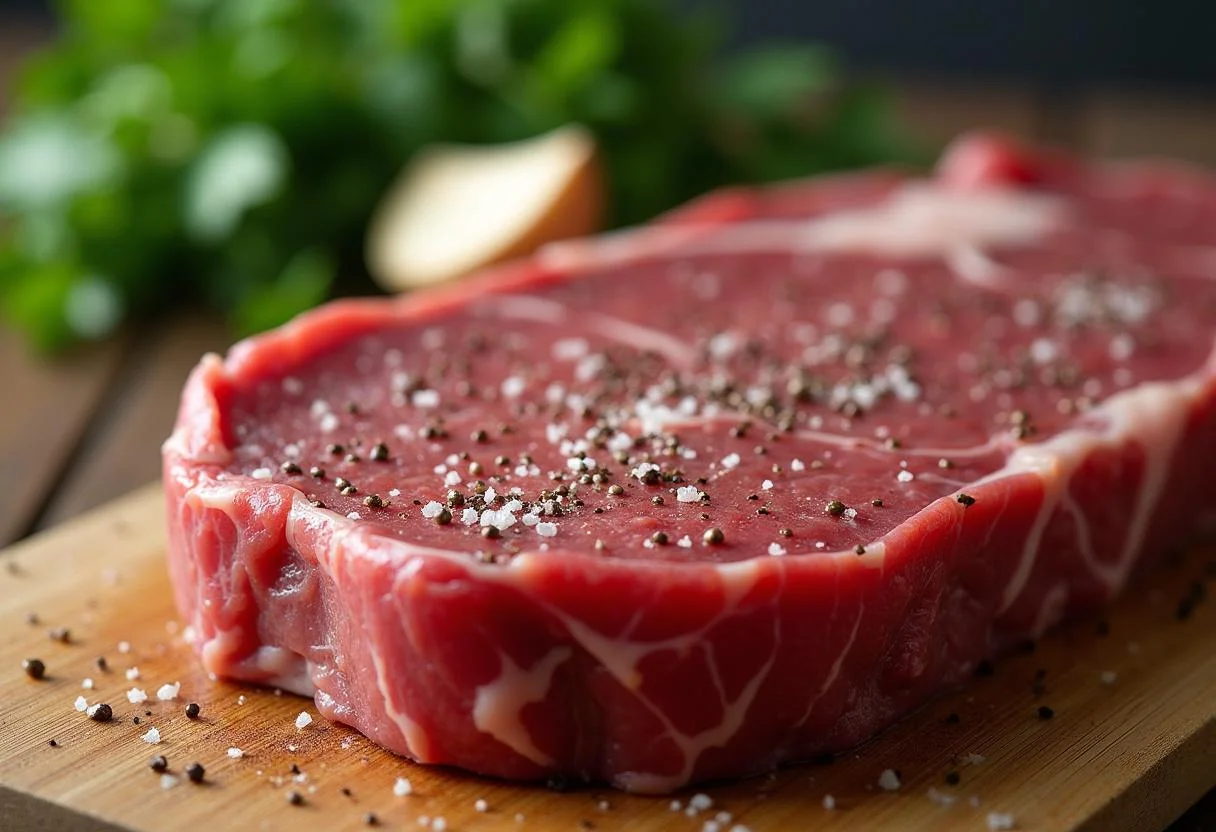 Bistec de ternera en una tabla de cortar preparado con sal y pimienta.