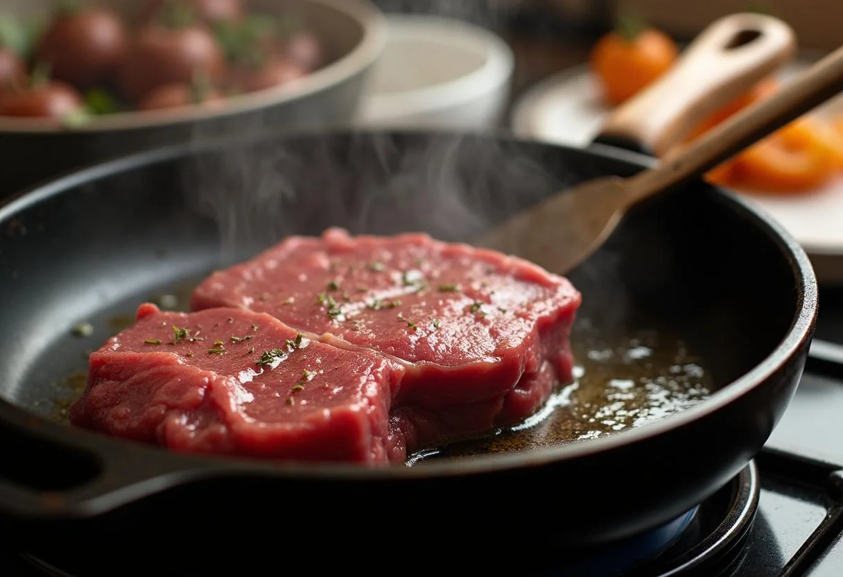 Bistec de ternera siendo cocinado en una sartén caliente con aceite.