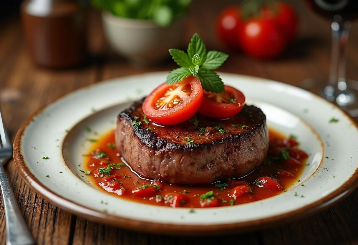 Bistec de ternera presentado con salsa chimichurri y tomates en un plato rústico.