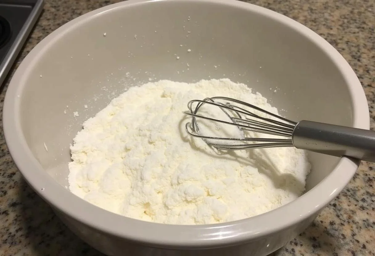 Ingredientes secos para bizcocho con leche en un bol de mezcla.