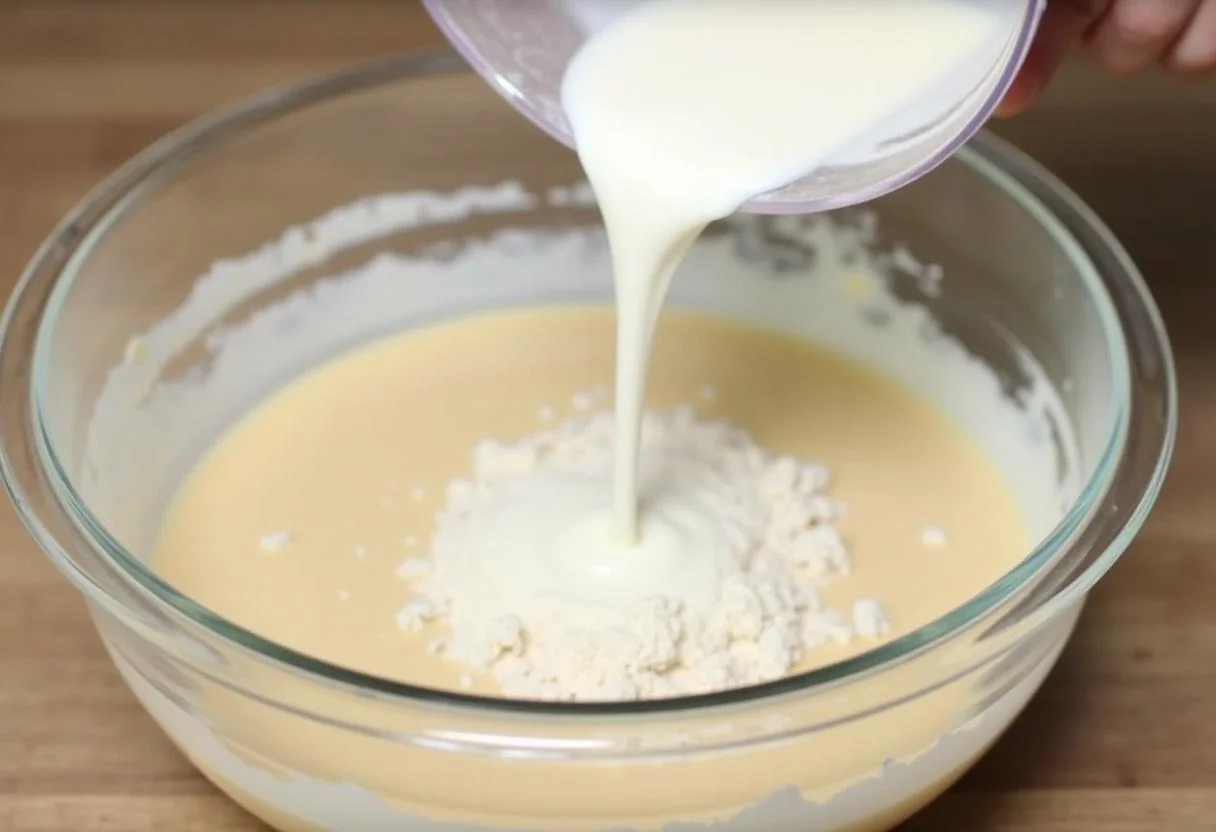 Leche siendo añadida a la mezcla para bizcocho de leche.