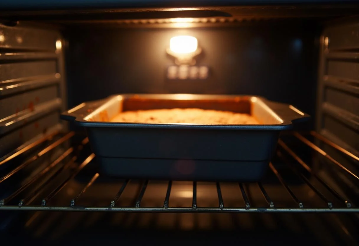Bizcocho de leche en el horno, listo para cocerse.