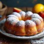 Fluffy bizcocho sin huevos served with fruits and powdered sugar, ideal for dessert or snack.