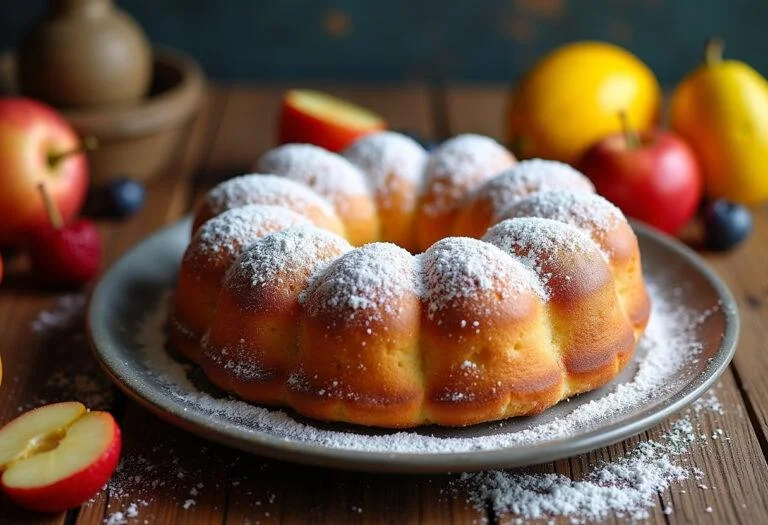 Fluffy bizcocho sin huevos served with fruits and powdered sugar, ideal for dessert or snack.