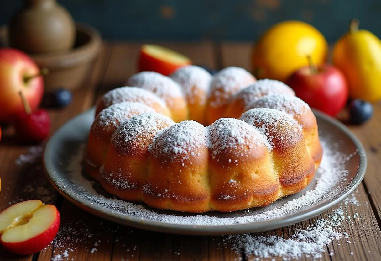 Fluffy bizcocho sin huevos served with fruits and powdered sugar, ideal for dessert or snack.