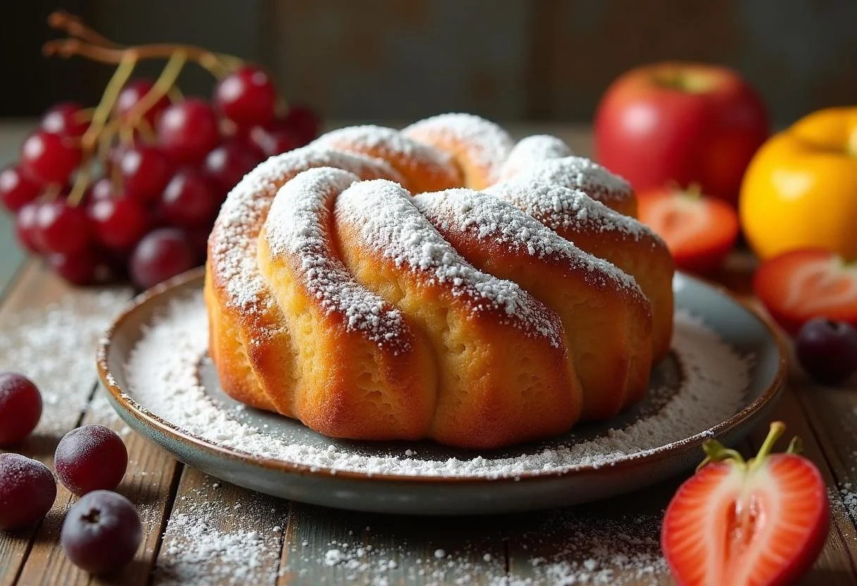 Delicado bizcocho sin huevos servido con frutas y azúcar glas, ideal para postre o merienda.