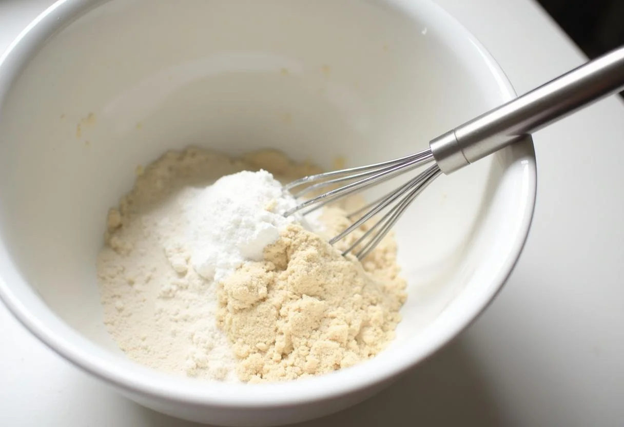 Ingredientes secos para la receta de bizcocho sin huevos, incluyendo harina y azúcar en un tazón.
