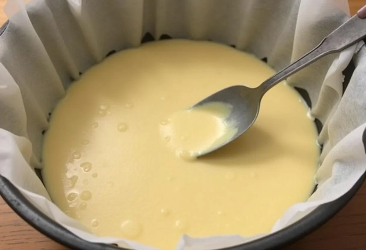Llenando un molde para pastel con masa para bizcocho sin huevos esponjoso antes de hornear.