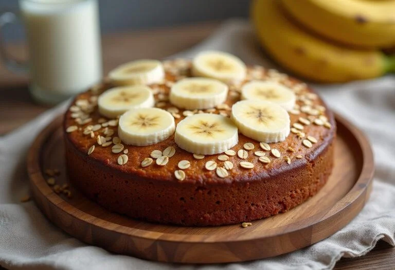 Bizcocho de platano y avena saludable, presentado con plátanos en rodajas.