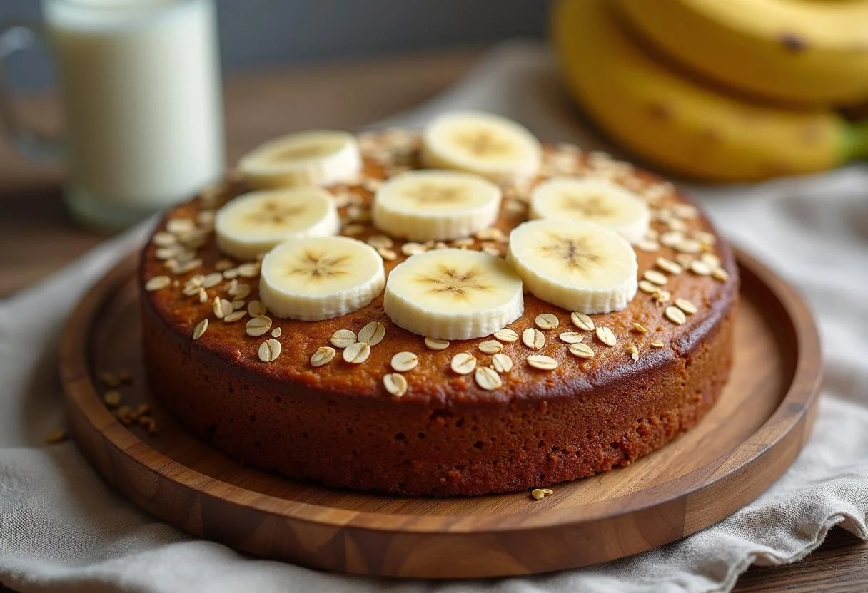 Bizcocho de platano y avena saludable, presentado con plátanos en rodajas.