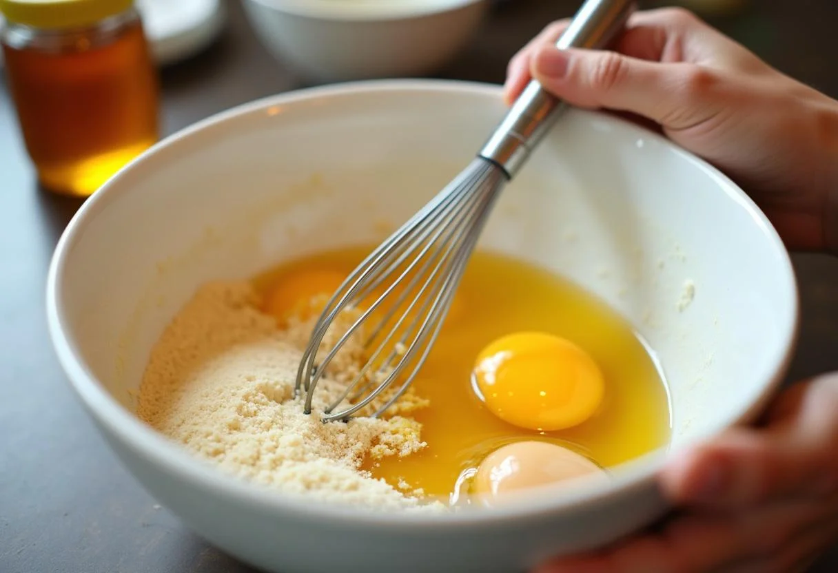 Mezcla de miel y huevos en un tazón, lista para el bizcocho avena y platano.