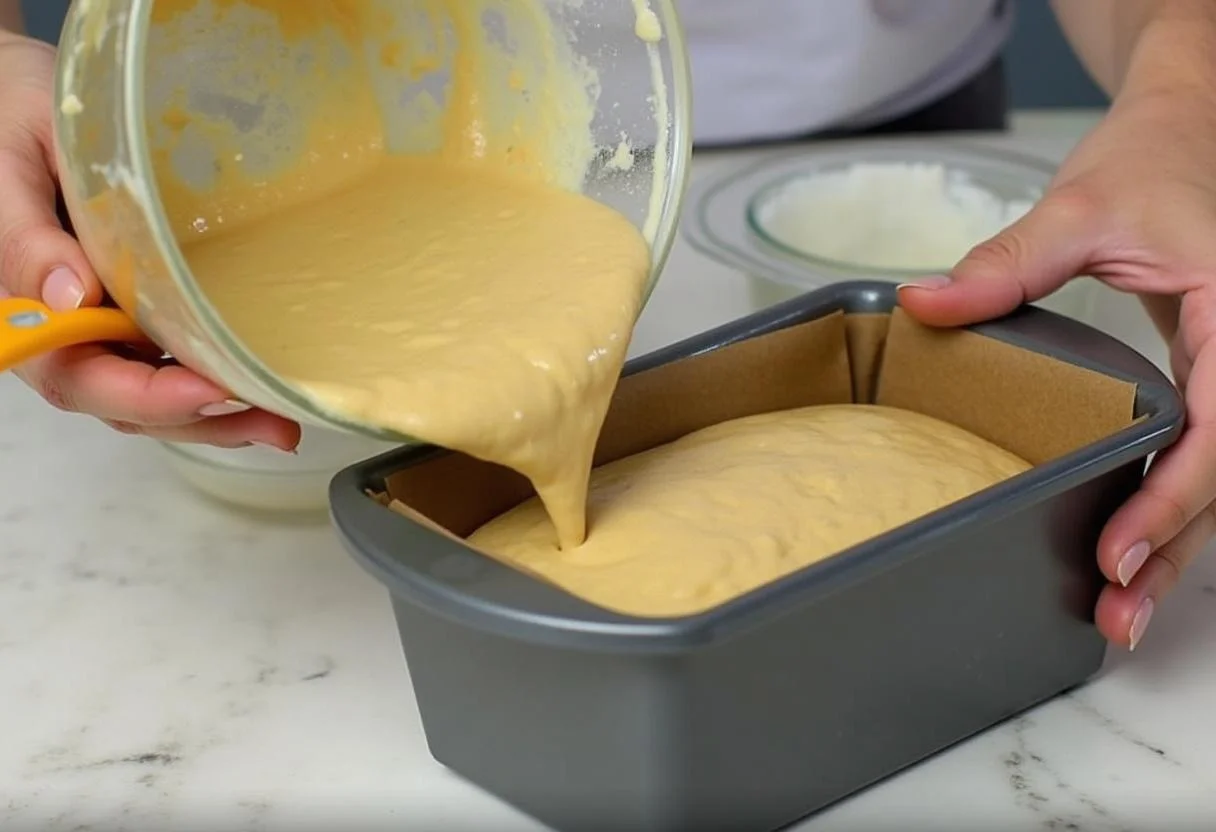 Batido del bizcocho de platano y avena vertido en un molde para hornear.
