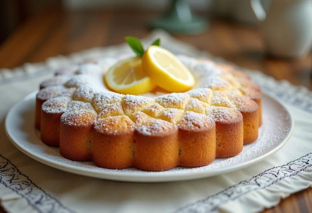 Finished bizcocho de yogur thermomix with powdered sugar and lemon slices, perfect for dessert.