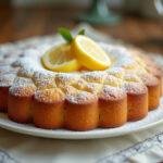 Finished bizcocho de yogur thermomix with powdered sugar and lemon slices, perfect for dessert.