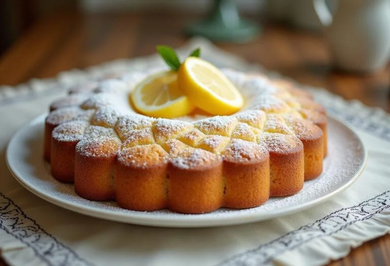 Finished bizcocho de yogur thermomix with powdered sugar and lemon slices, perfect for dessert.