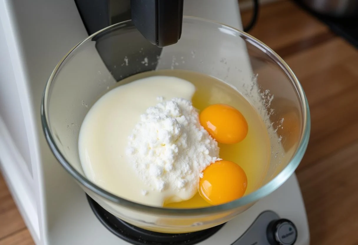 Ingredientes para el bizcocho de yogur thermomix, incluyendo yogur, azúcar y huevos en un bol.