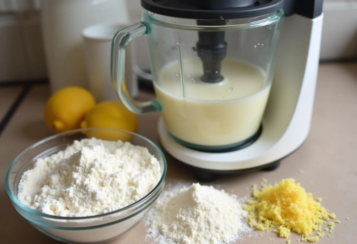 Mezclando los ingredientes para el bizcocho de limon thermomix en una Thermomix.