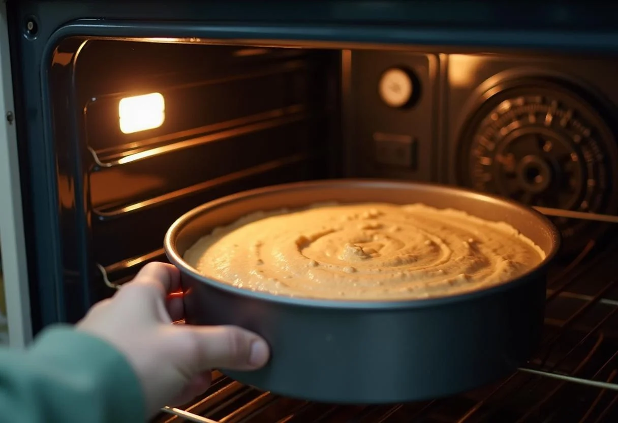 La masa del bizcocho de yogur thermomix se coloca en el horno para hornear.