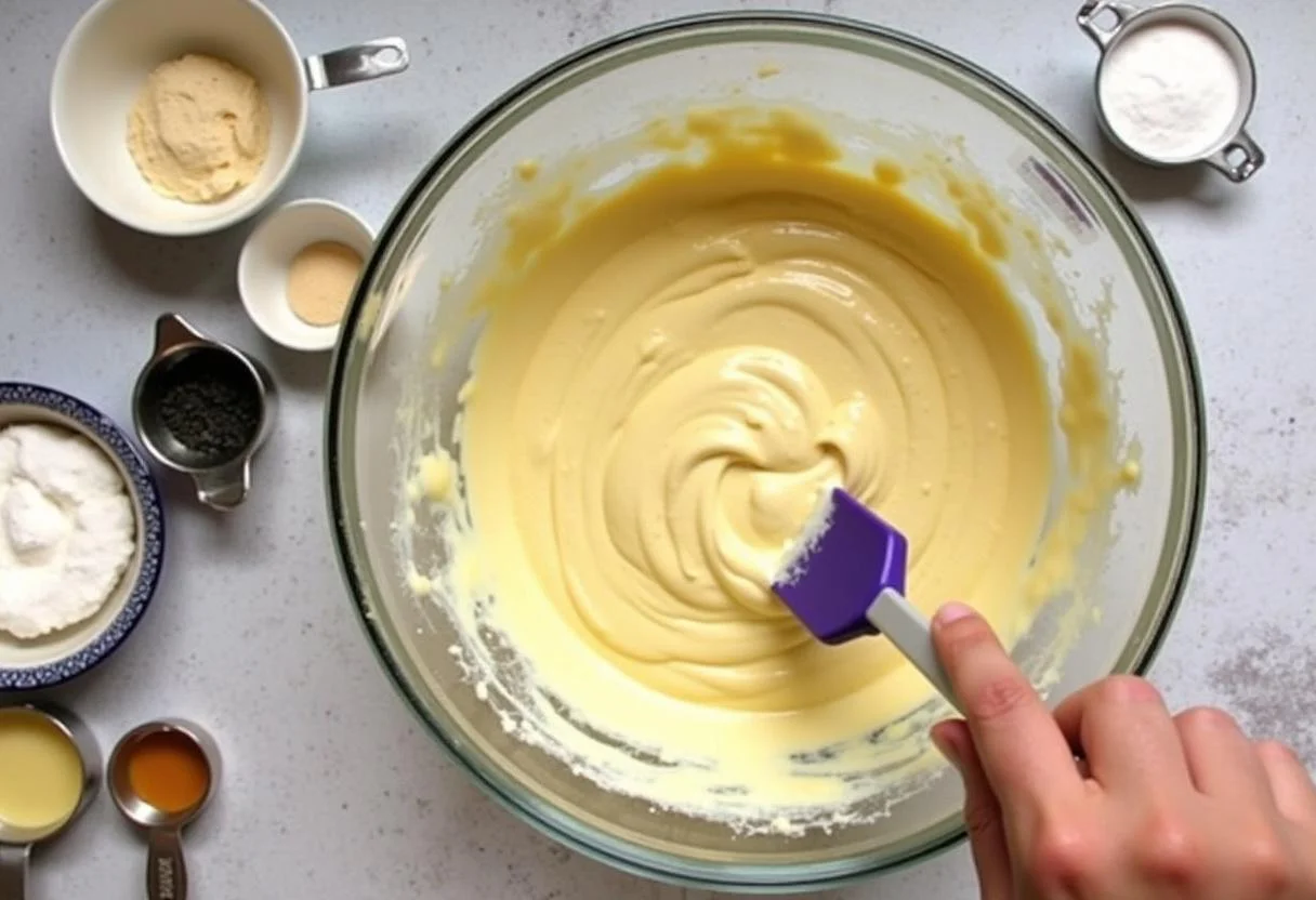 Masa suave del bizcocho de zanahoria y yogur lista para ser horneada en un bol.