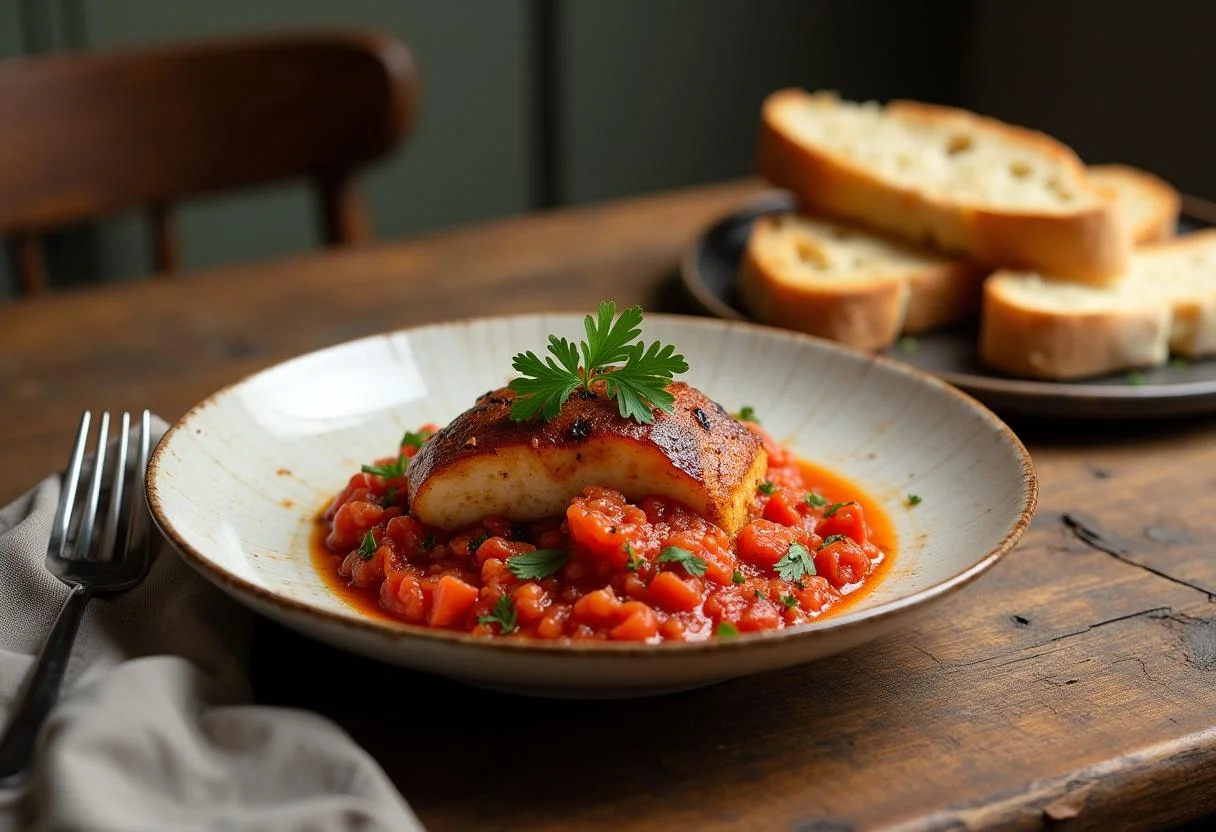 Finished bonito con tomate receta de la abuela served with bread, ideal for family meals.