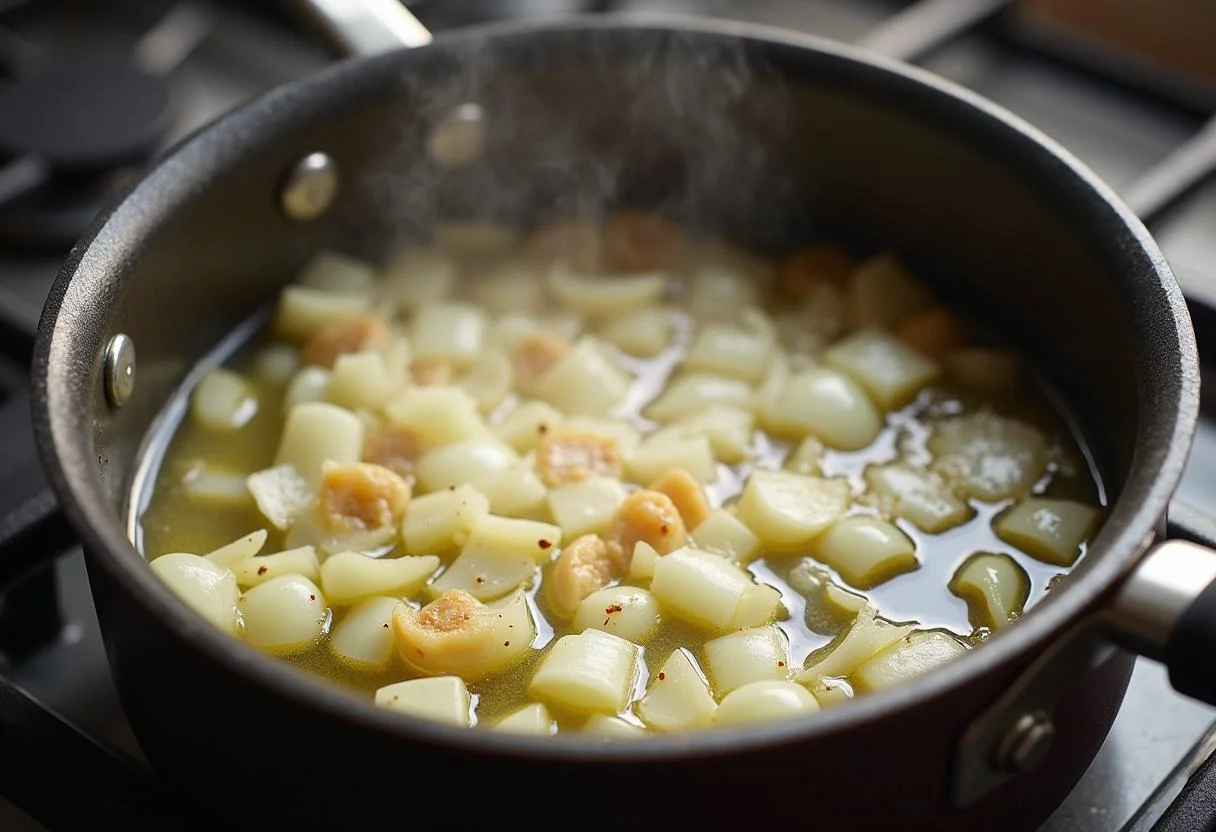 Onions and garlic sizzling in olive oil for bonito con tomate receta de la abuela.