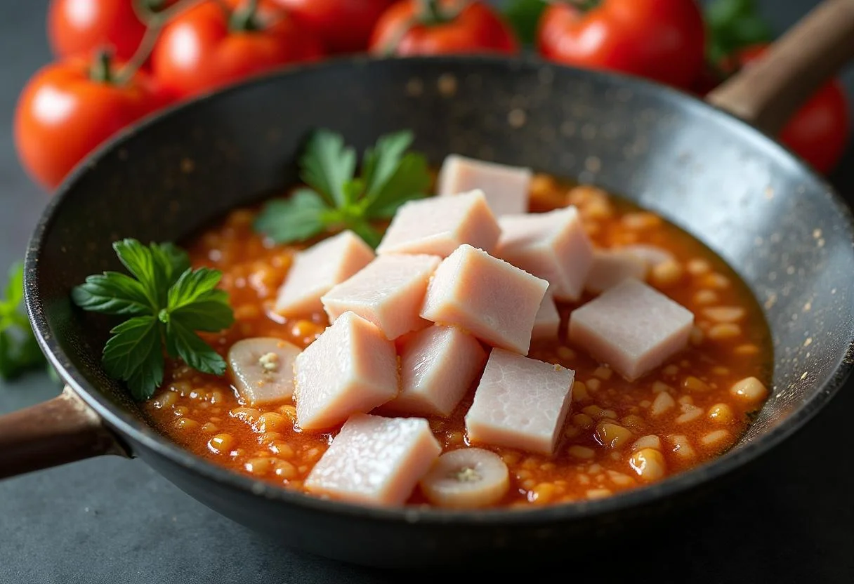 Adding chunks of bonito fish to the pot for tradicional bonito con tomate receta de la abuela.
