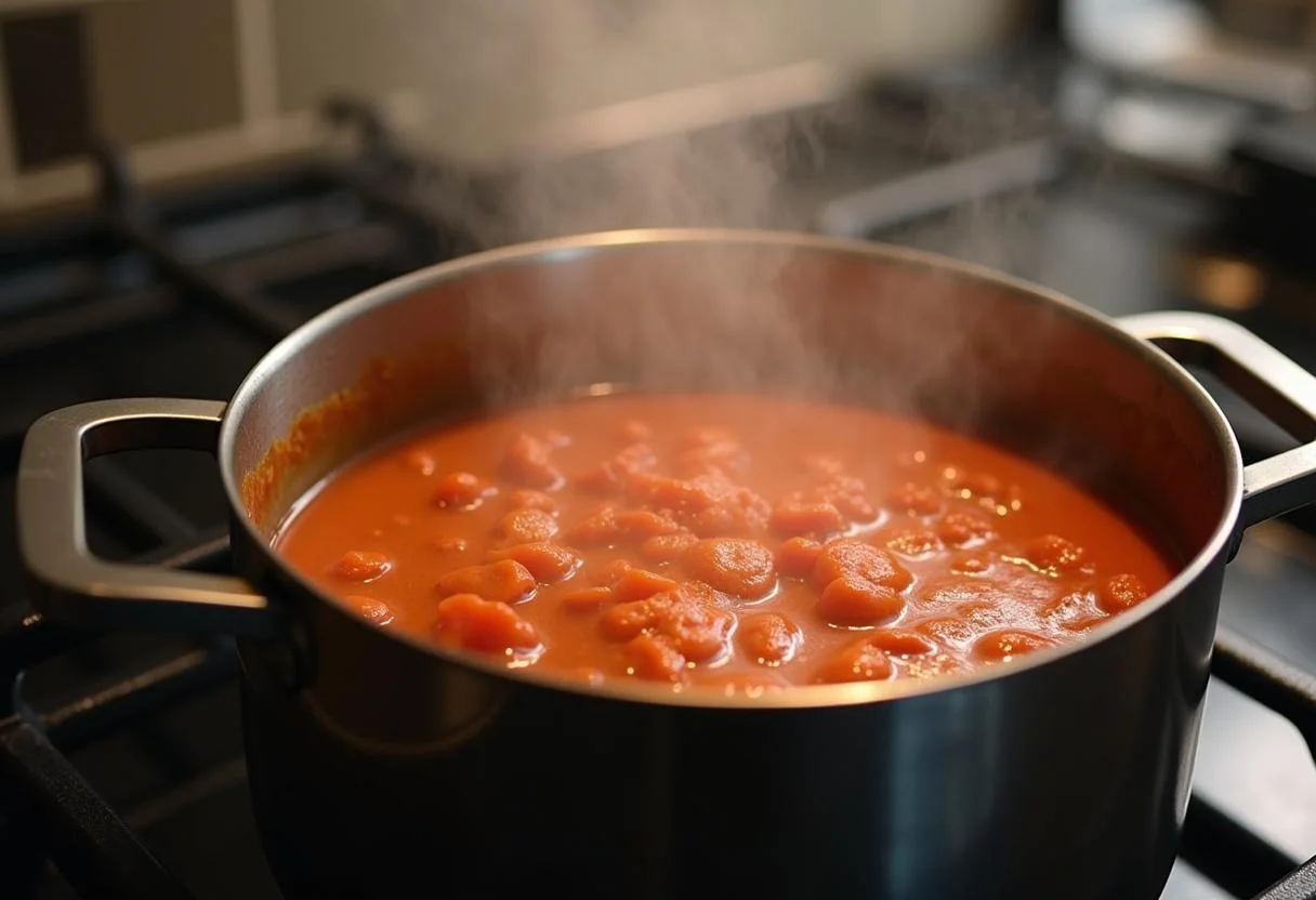Simmering bonito con tomate on the stove, revealing vibrant flavors and aromas.