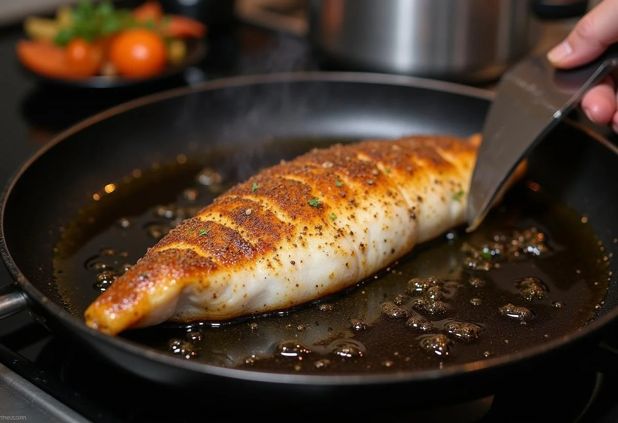 Borriquete pescado sazonado en una sartén de asar listo para cocinar.