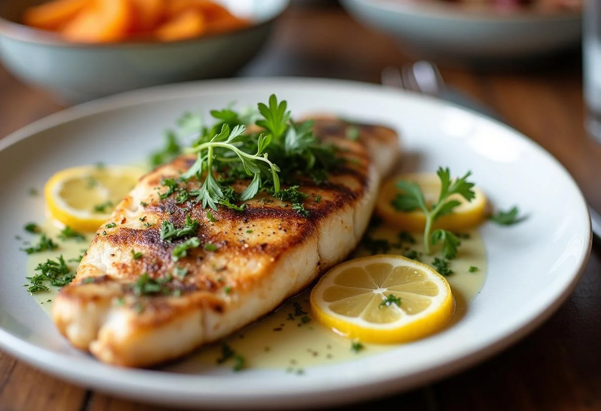 Borriquete pescado emplatado servido con hierbas y limón para una comida deliciosa.