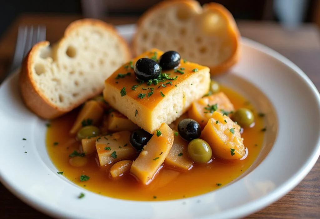 Finished brandada de bacalao thermomix served with olives and bread, perfect for sharing.