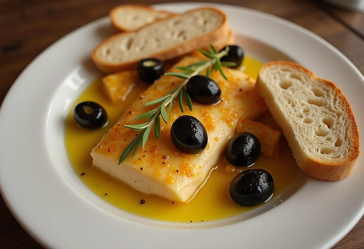 Brandada de bacalao thermomix terminada, servida con aceitunas y pan, perfecta para compartir.