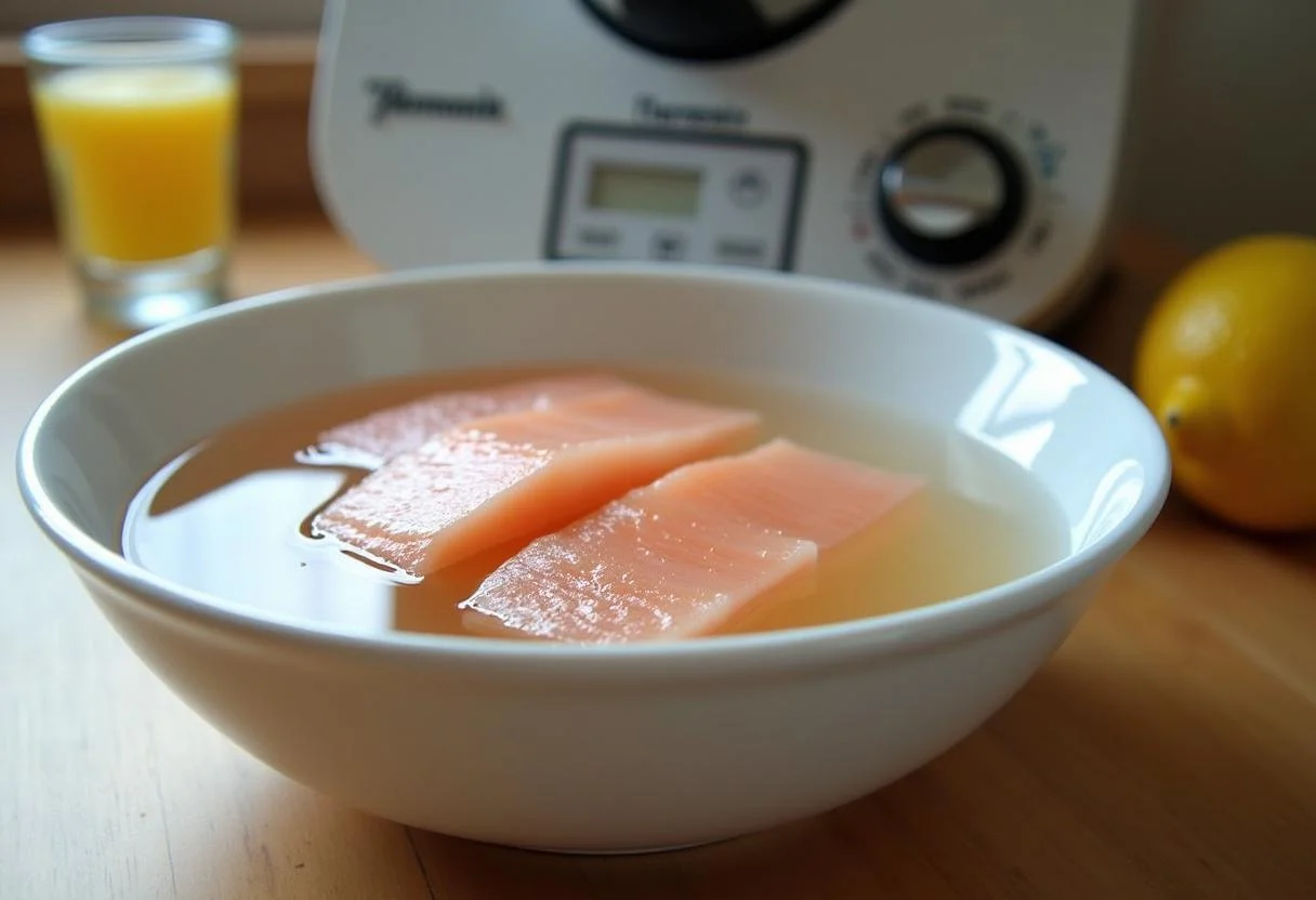 Bol de bacalao salado remojándose para la preparación de la brandada de bacalao thermomix.