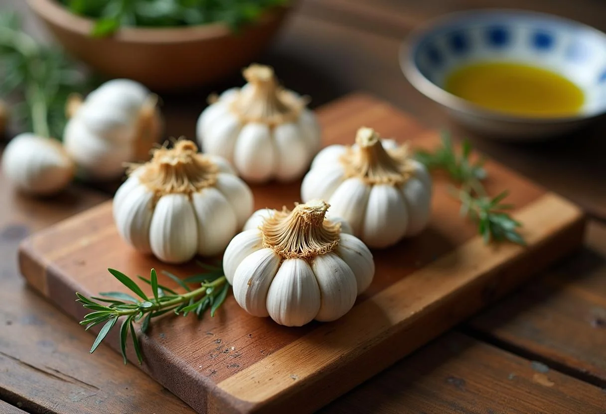 Preparación de cabezas de ajo frescas para hacer cabo de ajo asado.