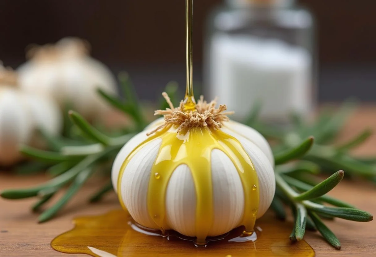 Aceite de oliva siendo rociado sobre cabezas de ajo para cabo de ajo asado.