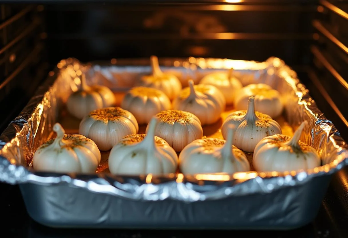 Cabezas de ajo sazonadas listas para asar en un plato para cabo de ajo asado.