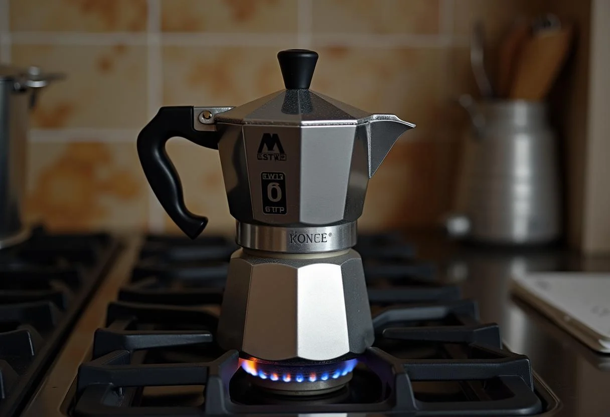Moka pot on the stove brewing Cafe Cubano coffee.