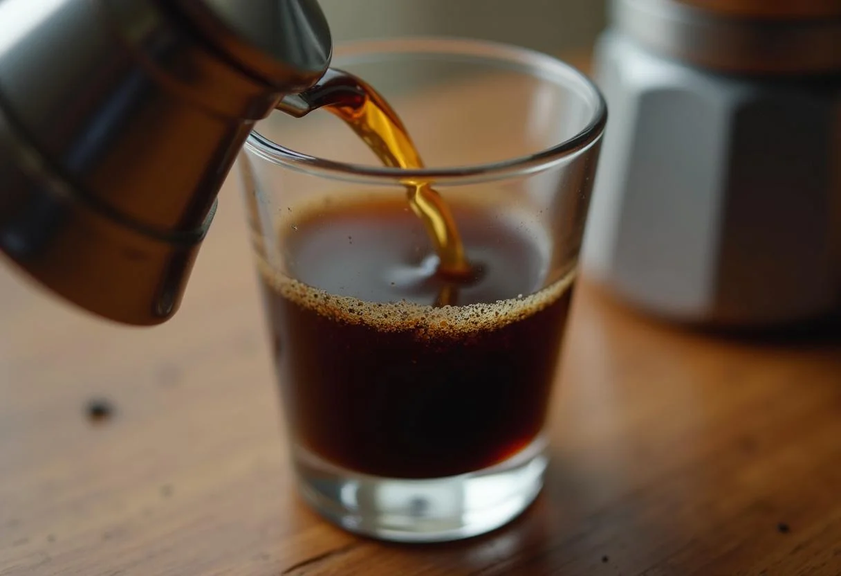 Rich dark brew being poured into a shot glass for Cafe Cubano.