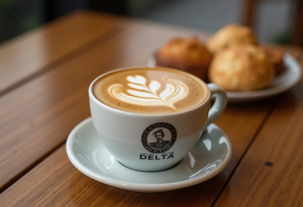 Café Delta terminado con arte latte, ideal para amantes del café.