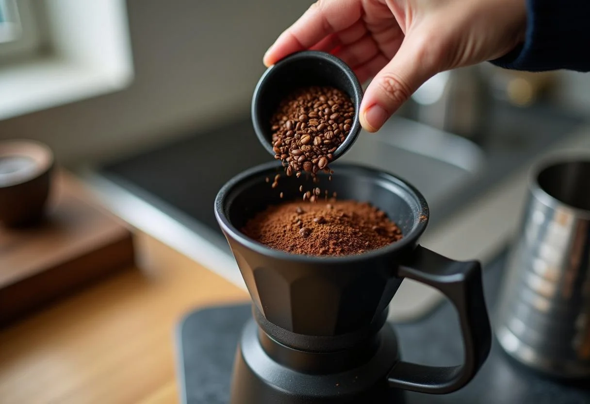 Granos de café recién molidos preparándose para la receta de <strong>Café Delta</strong>.” class=”wp-image-17241″/></figure>

<div style=