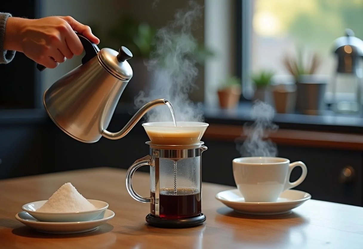 Agua caliente siendo vertida sobre café molido para preparar <strong>Café Delta</strong>.” class=”wp-image-17242″/></figure>

<div style=