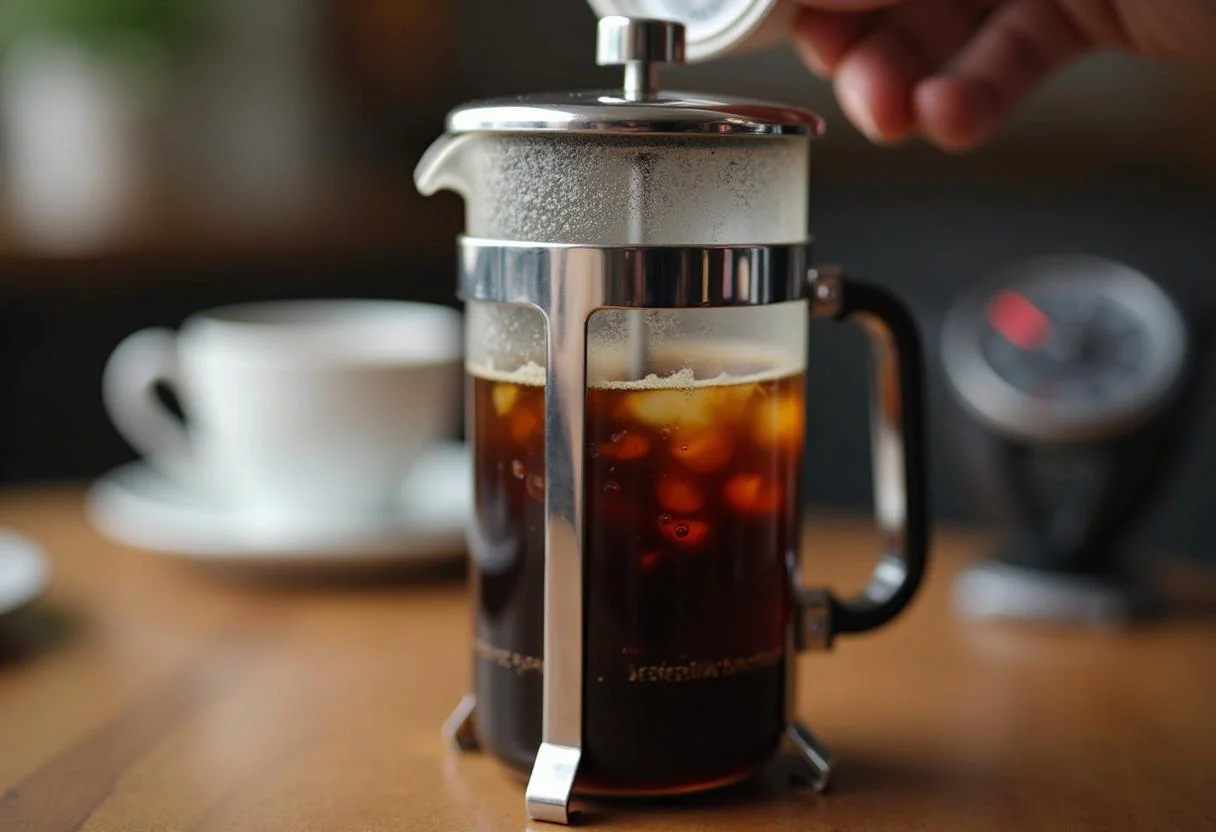 Extracción de café en prensa francesa para la preparación de <strong>Café Delta</strong>.” class=”wp-image-17243″/></figure>

<div style=